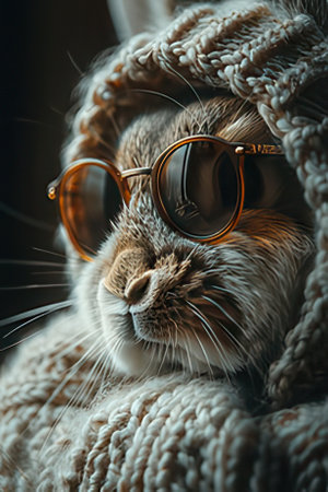 Cute cat wearing sunglasses and knitted sweater on dark background.の素材