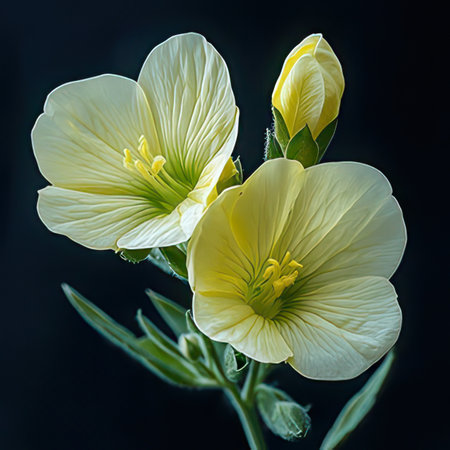 Beautiful white evening primrose (Oenothera) flowers on black backgroundの素材