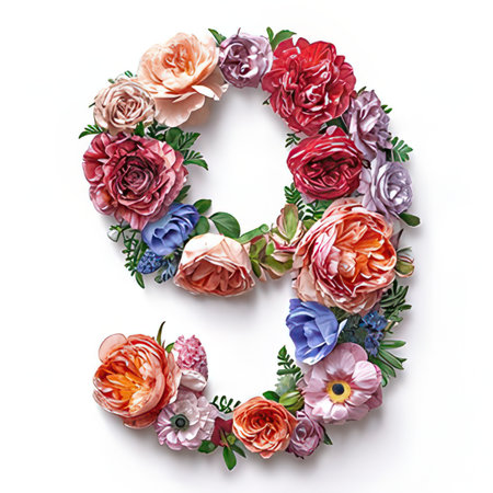 Number 9 made of colorful flowers on white background. Flat lay, top viewの素材