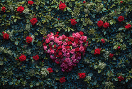 Heart shape made from red roses on green leaves background, Love conceptの素材