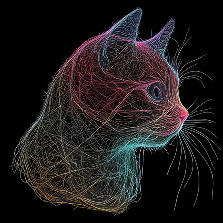 Illustration of a cat head with colorful lines on a black backgroundの素材