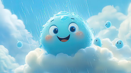 Cute blue cartoon character in the clouds. 3d rendering.の素材