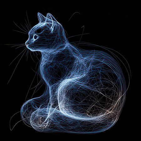 Abstract black cat on a black background with blue lines. 3d renderingの素材