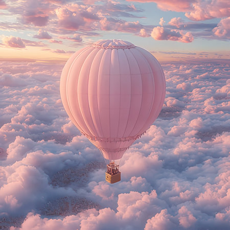 Hot air balloon flying over the clouds at sunset. 3d illustrationの素材