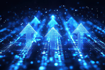 3d rendering of digital arrows in cyberspace on blue backgroundの素材