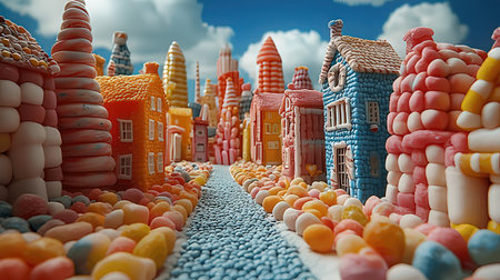 Cobblestone path leading to colorful houses. 3d renderのeditorial素材