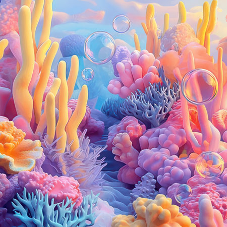 3d illustration of a colorful coral reef with bubbles in the waterの素材