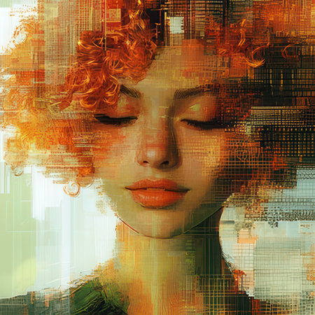 Portrait of a beautiful woman with red curly hair. Art collage.の素材