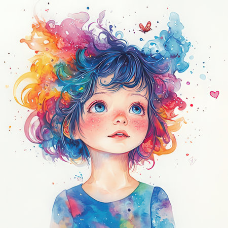 Portrait of a beautiful little girl with colorful hair and watercolor splashの素材