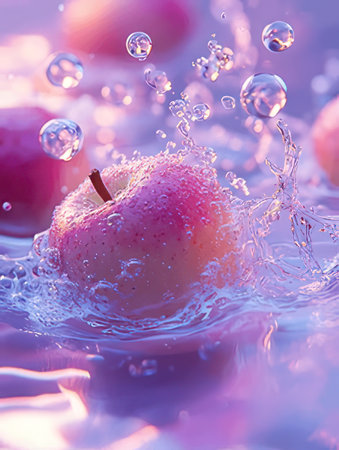 Fresh red apples falling into water with splash and water drops on itの素材