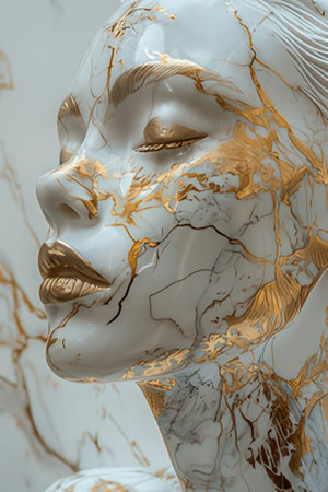 Beautiful woman face with gold and white marble texture. 3d renderingの素材