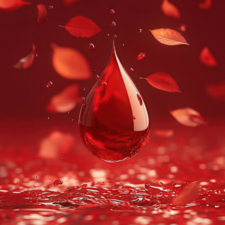 3d render of drop of water with falling leaves on red backgroundの素材