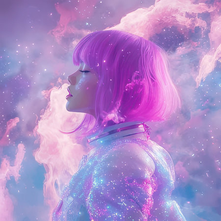3D Illustration of a beautiful girl with pink hair and blue smoke on her faceのeditorial素材