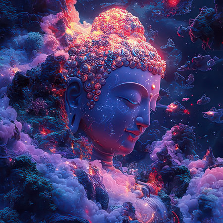 Buddha head in red and blue space. 3D renderingの素材