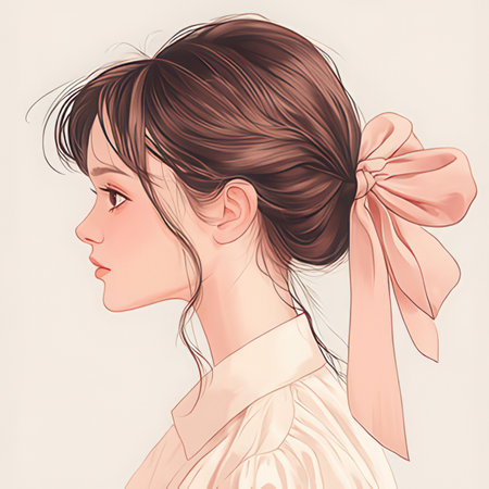 Illustration of a beautiful girl with a bow in her hair.の素材