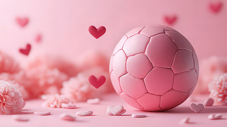 Valentine's day background with pink soccer ball and hearts on pink backgroundの素材