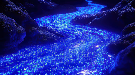 Blue light on the rock in the river. Blue light on the river.の素材