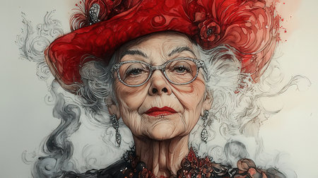 Portrait of an old woman with a red hat and glasses.の素材