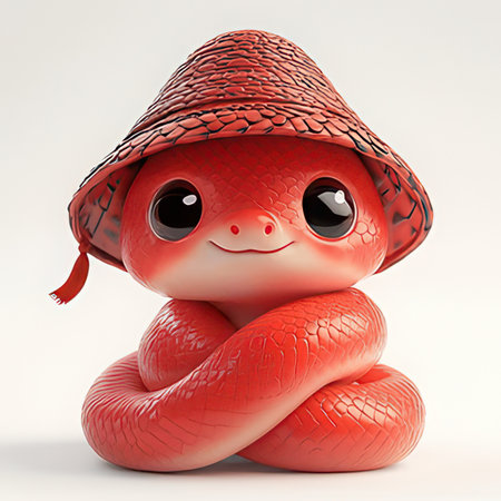 Cute baby snake wearing red hat isolated on white background. 3D illustration.の素材