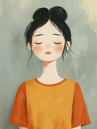 Portrait of a beautiful asian woman with closed eyes. Vector illustration.の素材