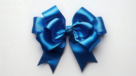 Blue satin bow on white background. Festive decoration for holiday.の素材