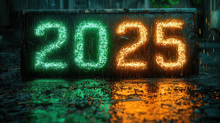 2025 written with LED lights on wet asphalt road in rainの素材