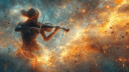 Violinist playing on the background of the planet. Collage.の素材