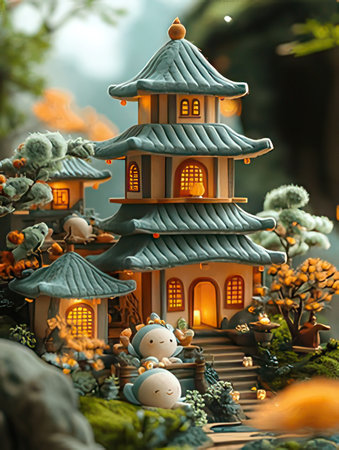 Miniature of a Chinese temple in the middle of the forest.の素材