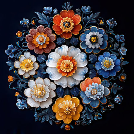 Beautiful floral ornament in the form of a circle on a dark backgroundの素材
