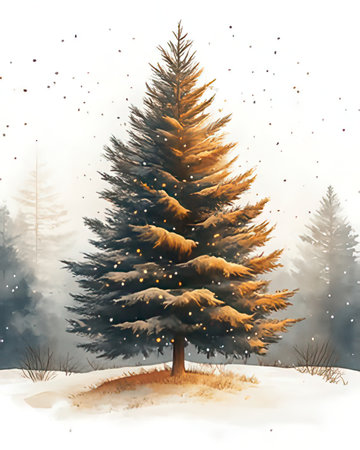 Fir tree in winter forest with snowfall. Watercolor illustrationの素材