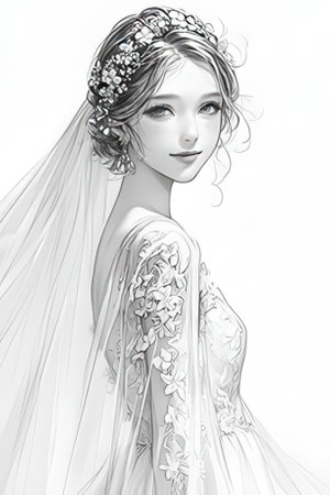 Digital illustration of a beautiful bride in white wedding dress with veil.の素材