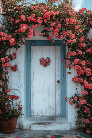 Wooden door with red roses and heart on a blue wall.の素材