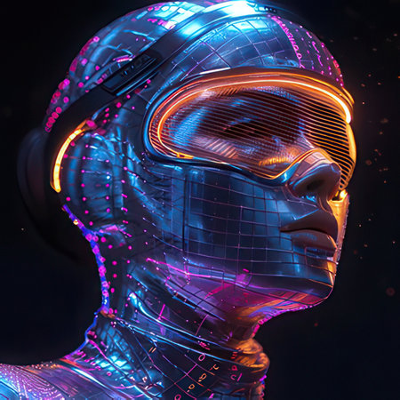 Cyborg woman with glowing neon light on dark background. 3D renderingの素材