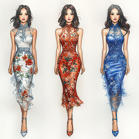 Fashion illustration of a beautiful woman in a long evening dress.の素材