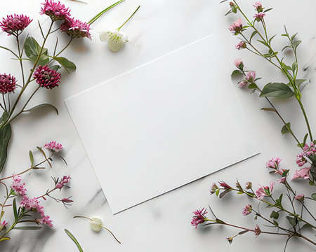 Blank card and beautiful flowers on white background, flat lay. Space for textの素材