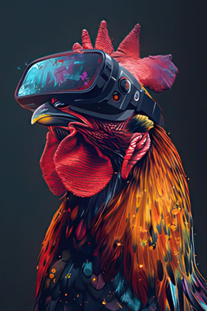 Rooster wearing virtual reality goggles. Colorful rooster portrait.の素材