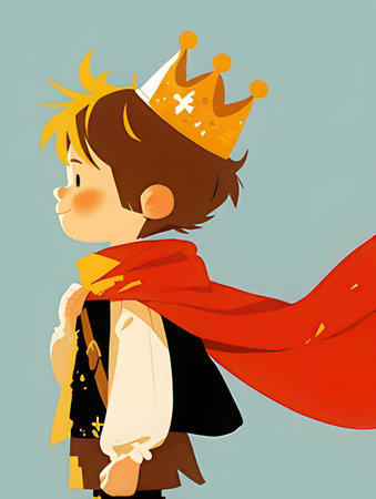 cute little prince with red cloak and golden crown, vector illustrationの素材