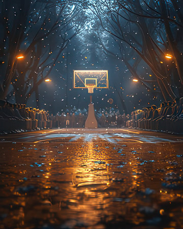 Concept or conceptual 3D illustration of basketball goal with ball and net in foggy park at nightの素材