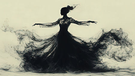 Fantasy illustration of a beautiful woman in a long black dress dancing.の素材