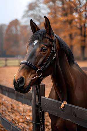 Portrait of a thoroughbred horse in the paddock in autumnの素材
