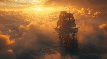 Sailing ship in the clouds at sunset. 3d render illustrationの素材