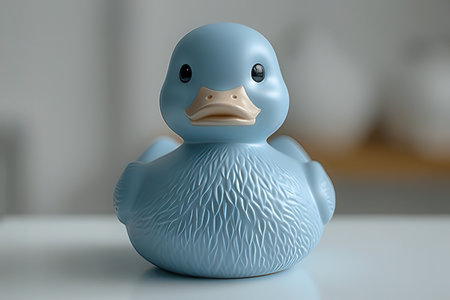 Blue rubber duck toy on a white table. 3d rendering.の素材