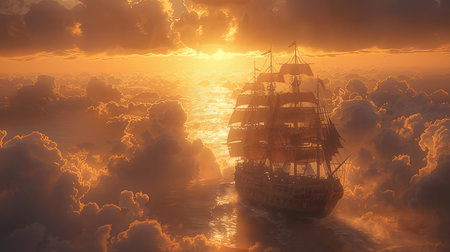 Old sailing ship in the sea at sunset. 3D illustration.の素材
