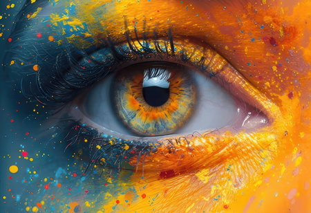 Close up of beautiful female eye with abstract painting. Art concept.の素材