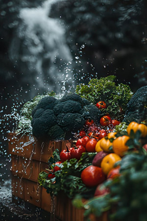 Fresh vegetables in wooden box with water splash on blurred background, selective focusの素材