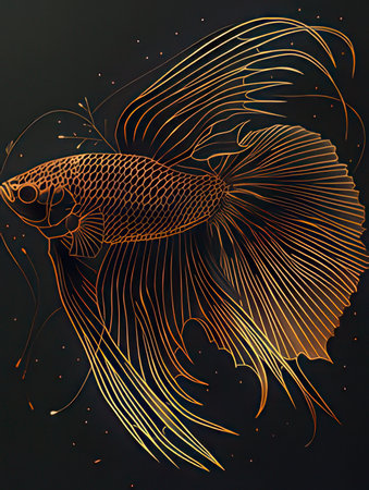 golden betta fish on black background, vector art illustration.の素材