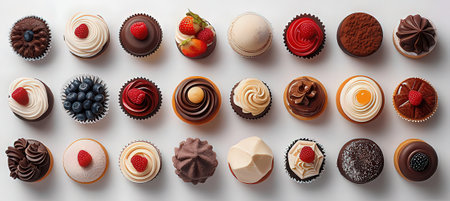A lot of different types of cupcakes on a white background.の素材