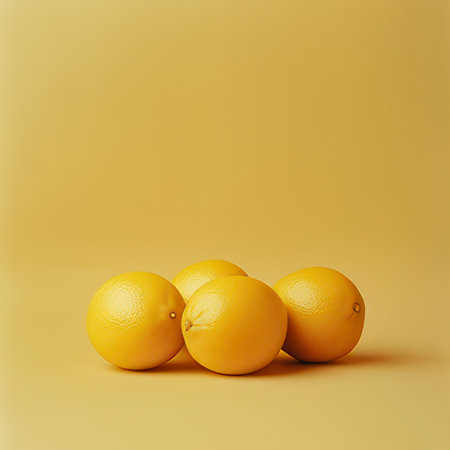 Four lemons on a yellow background with copy space. 3d renderingの素材