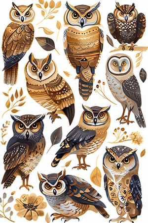 Set of cartoon owls. Vector illustration isolated on white background.の素材
