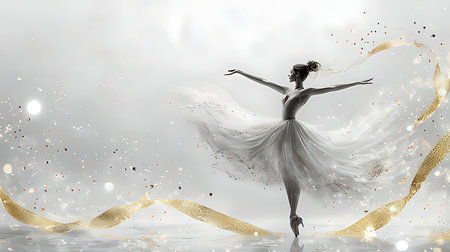 Beautiful ballerina in white tutu dancing with golden ribbonの素材